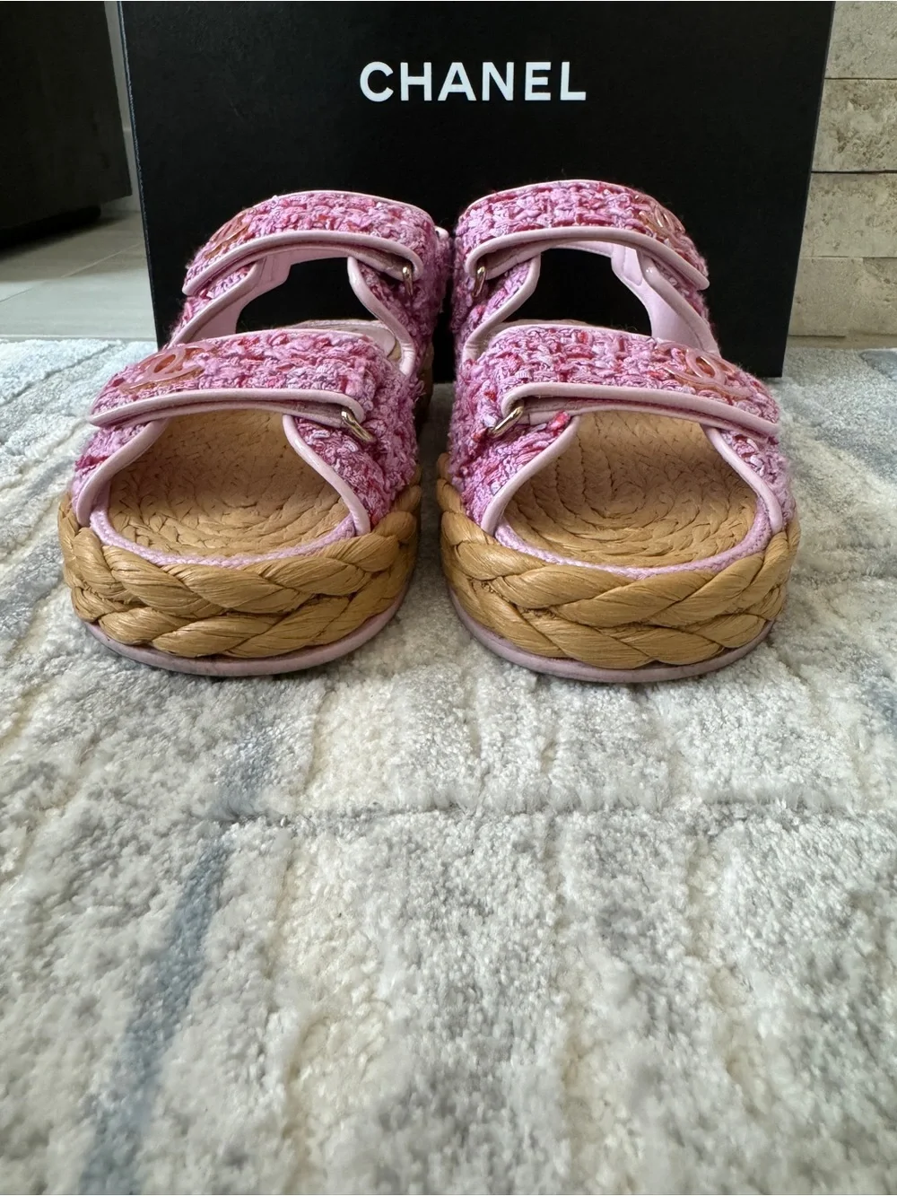 Chanel Pink and Red Tweed Dad Sandals Braided Raffia Sole Pink CC Logos 22P